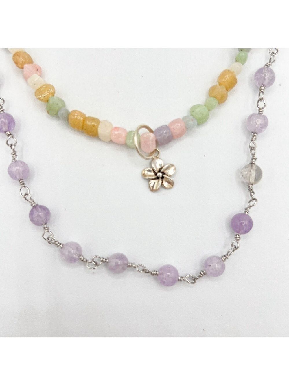 Lavender jade rosary chain and moonstone necklace